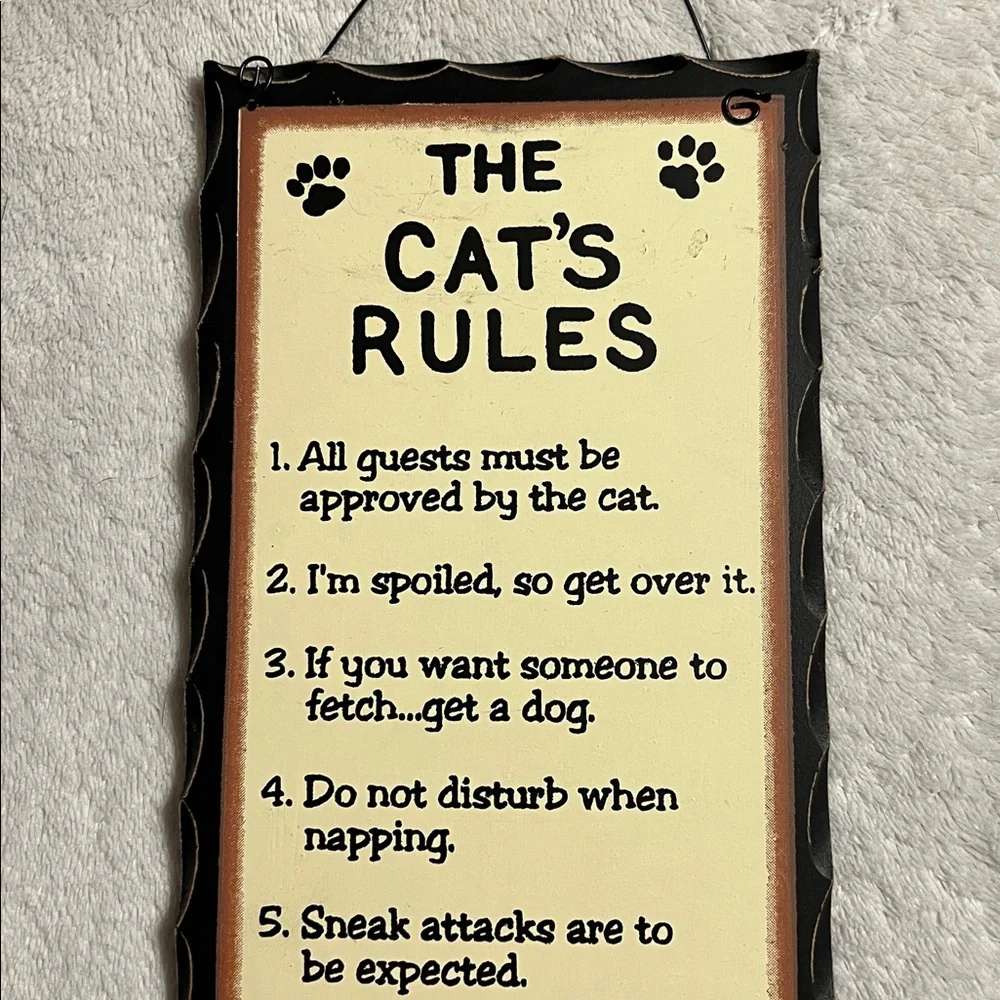 Humorous Cat's Rules Wall Sign - Black and Cream